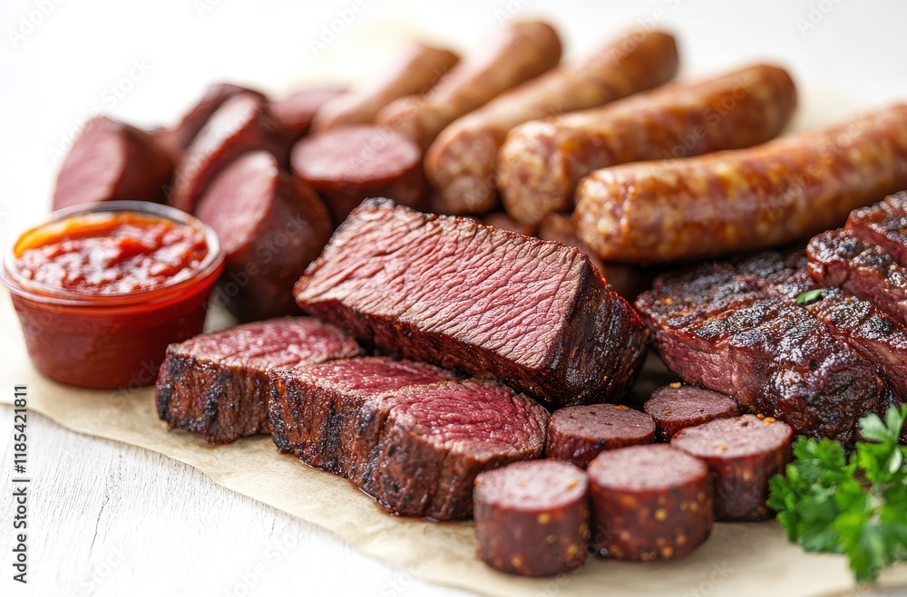 Assortment of Grilled Meats Featuring Juicy Beef Cuts, Sausages, and a Bowl of Spicy Sauce Perfect for Barbecues and Gatherings with Family and Friends Assortment of Grilled Meats Featuring Juicy Beef Cuts, Sausages, and a Bowl of Spicy Sauce Perfect for Barbecues and Gatherings with Family and Friends