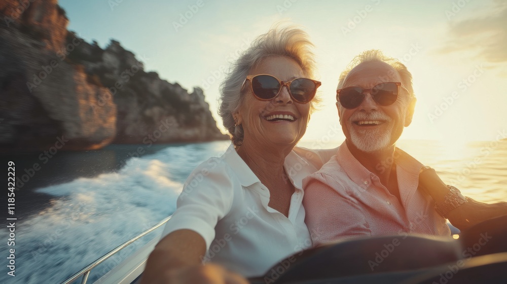Fototapeta premium Elderly Couple Celebrating Life During Scenic Sunset Cruise