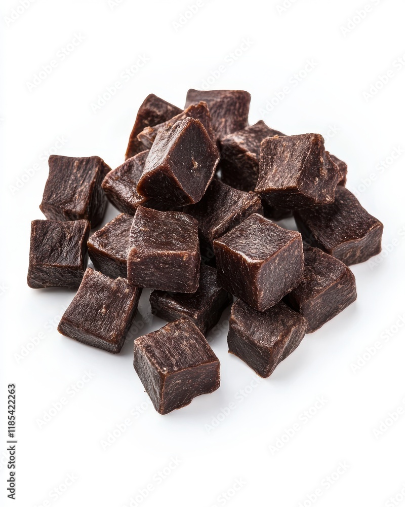 Chunky Pieces of Dark Brown Chewy Candy Stacked Neatly Together on a White Background in a Clutter-Free Arrangement Highlighting Their Smooth Texture and Glossy Finish Chunky Pieces of Dark Brown Chewy Candy Stacked Neatly Together on a White Background in a Clutter-Free Arrangement Highlighting Their Smooth Texture and Glossy Finish