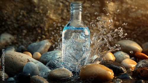 Artistic bottle shot with splash on natural stones. photo