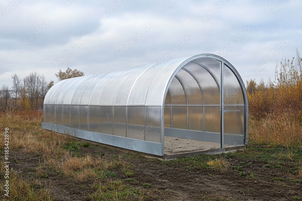 Transparent Greenhouse Structure in Natural Landscape with Cloudy Sky and Autumn Foliage Surrounding Agricultural Area Transparent Greenhouse Structure in Natural Landscape with Cloudy Sky and Autumn Foliage Surrounding Agricultural Area