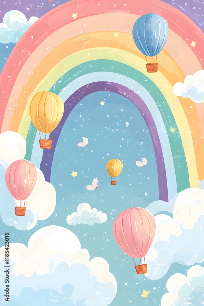 Naklejka premium Adorable Hand-Drawn Invitation Artwork in Pastel Colors Featuring a Rainbow, Floating Clouds, and a Sweet Hot Air Balloon – Perfect for a Baby Shower or kids Birthday