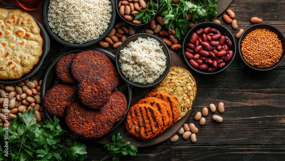 Colorful Array of Healthy Plant-Based Foods with Various Cereals, Beans, and Patties on Wooden Background for Healthy Eating and Nutrition Concepts Colorful Array of Healthy Plant-Based Foods with Various Cereals, Beans, and Patties on Wooden Background for Healthy Eating and Nutrition Concepts