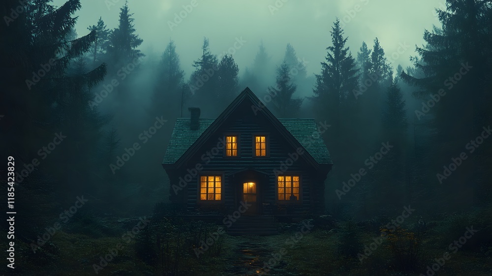 wooden cabin with lights on in a scary, foggy and mysterious forest wooden cabin with lights on in a scary, foggy and mysterious forest