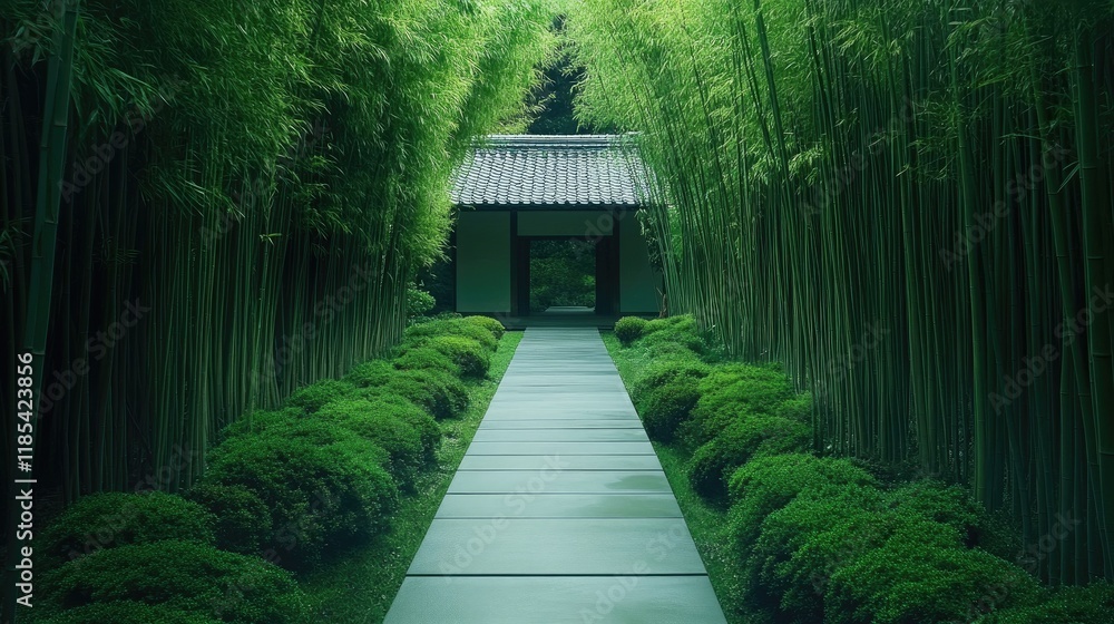 A tranquil pathway leading to a Japanese house surrounded by bamboo. A tranquil pathway leading to a Japanese house surrounded by bamboo.