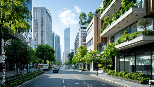 vibrant urban street lined with modern buildings and lush greenery, showcasing sustainable architecture and lively atmosphere