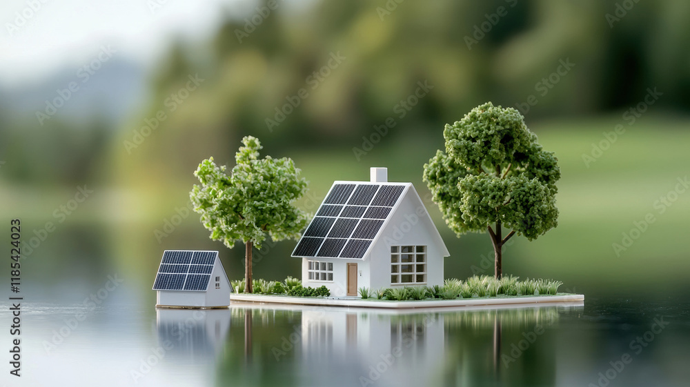 Sustainable construction model with solar panels and greenery Sustainable construction model with solar panels and greenery