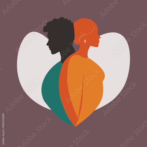 A graphic design featuring two intertwined abstract silhouettes, implying a diverse couple with different skin tones, utilizing a color palette of contrasting complementary colors for a balanced and h