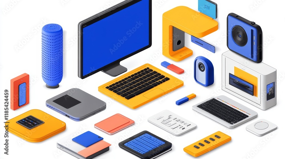 Isometric Illustration of Computer Hardware Components and Peripherals Isometric Illustration of Computer Hardware Components and Peripherals
