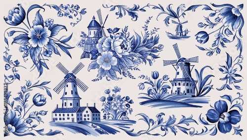 A traditional Delftware painting from the Netherlands, featuring intricate blue and white patterns.