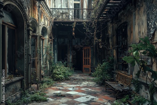 Abandoned urban courtyard interior slung derelict forsaken outcast photo