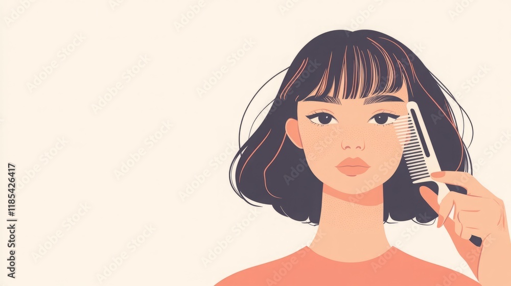 Young Asian woman with bob haircut combs her hair. Minimalist illustration. Young Asian woman with bob haircut combs her hair. Minimalist illustration.