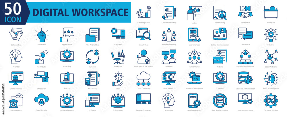 DIGITAL WORKSPACE ICON SET With Achieving Goals, Content Marketing, Lecture, Headhunting, Partnership, Workplace, Collaboration, Autonomy, Appreciation and Files And Folders DIGITAL WORKSPACE ICON SET With Achieving Goals, Content Marketing, Lecture, Headhunting, Partnership, Workplace, Collaboration, Autonomy, Appreciation and Files And Folders