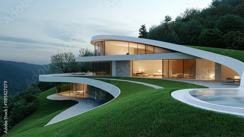 Modern architectural design featuring unique hillside home with large windows and green landscaping, blending nature and luxury