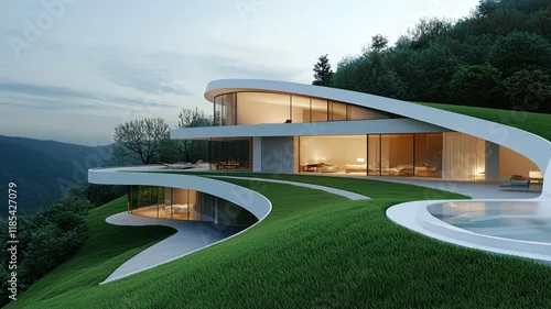 Fototapeta Modern architectural design featuring unique hillside home with large windows and green landscaping, blending nature and luxury