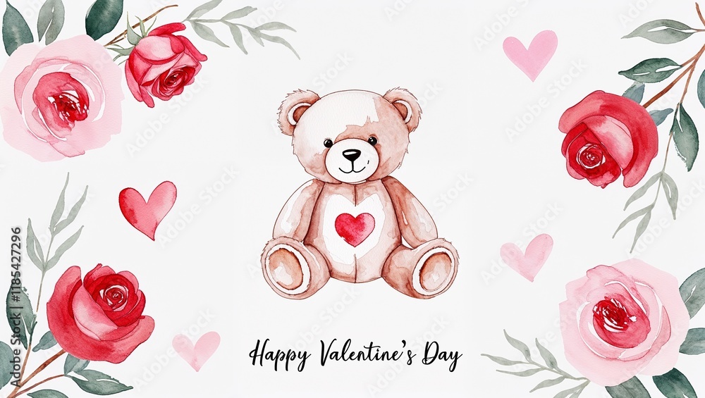 Fototapeta premium A watercolor illustration of a cute teddy bear surrounded by hearts and flowers. 