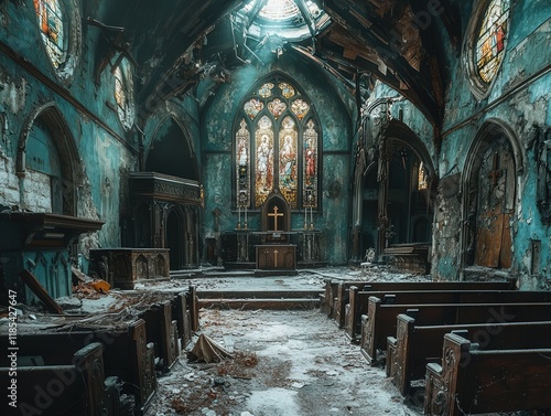 Abandoned church interior slung derelict forsaken outcast photo