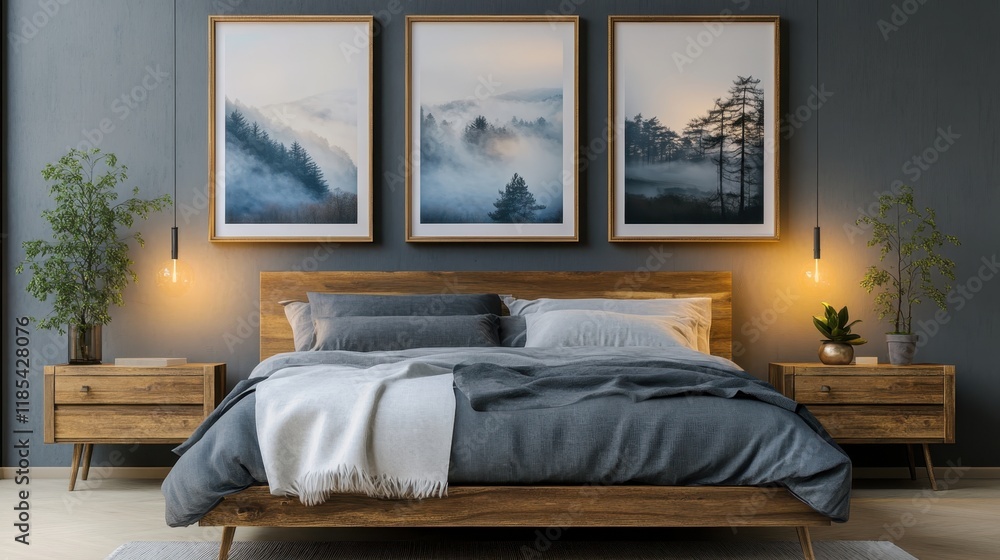 Modern bedroom interior, warm lighting, wood frame bed, blue bedding, framed landscape artwork, floor lamp, nightstand, potted plant, large window, wood flooring, textured wall panels, cozy atmosphere Modern bedroom interior, warm lighting, wood frame bed, blue bedding, framed landscape artwork, floor lamp, nightstand, potted plant, large window, wood flooring, textured wall panels, cozy atmosphere