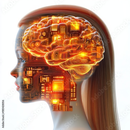 Side view of a woman’s head with glowing circuit board elements blending human anatomy and digital technology, symbolizing innovation and the future of bio digital integration photo