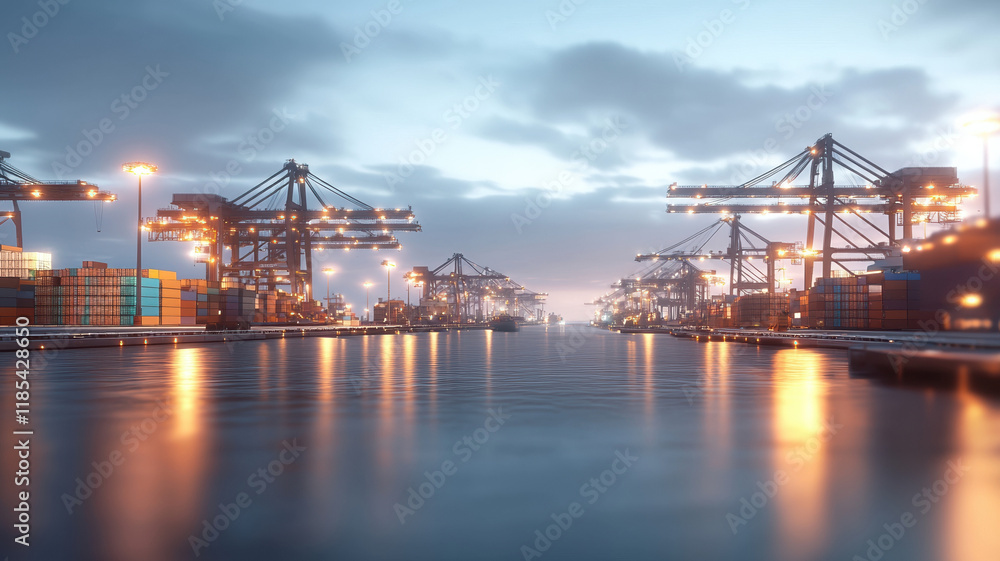 Industrial port scene with modern business network, containers, and cranes Industrial port scene with modern business network, containers, and cranes