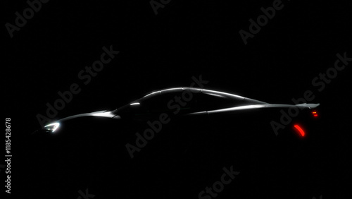 Silhouette of black sports car with headlights on black background, photorealistic 3d illustration render