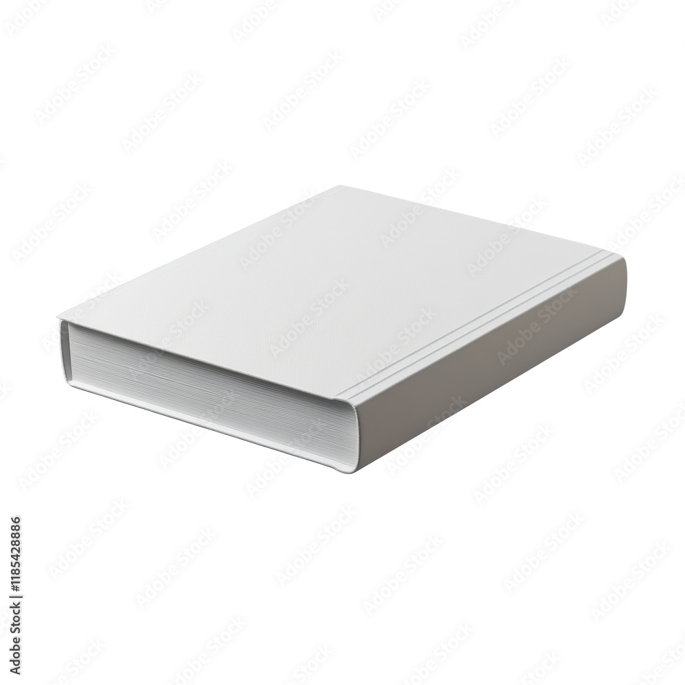 The image shows a single, blank, white hardcover book, isolated on a black background. The image shows a single, blank, white hardcover book, isolated on a black background.