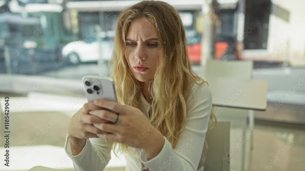 Woman sitting indoors looking at smartphone with a thoughtful expression in a modern office setting during the day. Woman sitting indoors looking at smartphone with a thoughtful expression in a modern office setting during the day.
