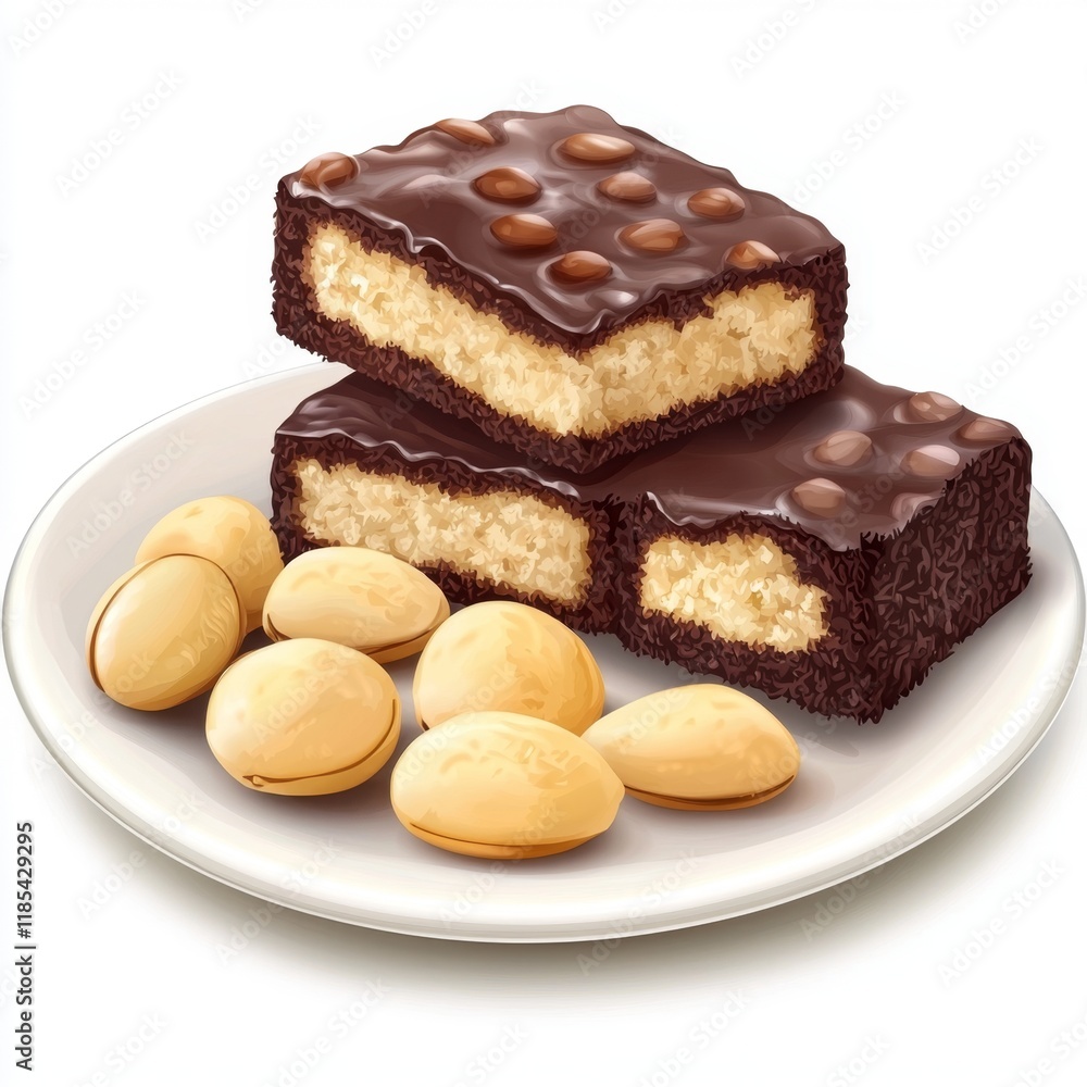 Delicious Chocolate and Cream Dessert Squares on a White Plate with Almonds and Sweets Delicious Chocolate and Cream Dessert Squares on a White Plate with Almonds and Sweets