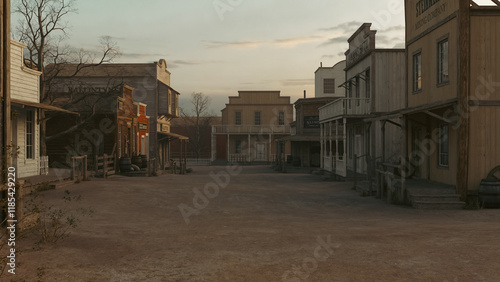 3D illustration rendering of an empty street in an old wild west town with wooden buildings.
