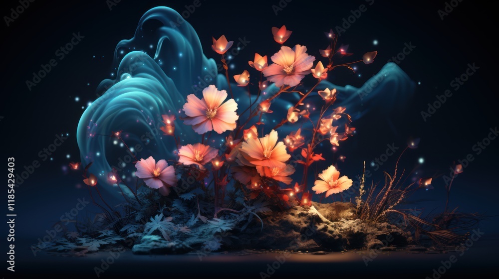 Fototapeta premium Enchanted Night Bloom: Glowing Flowers in a Mystical Realm