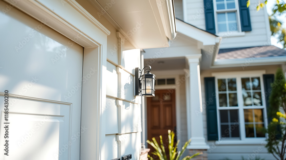Fototapeta premium Exterior View of White House with Garage Door and Exterior Light
