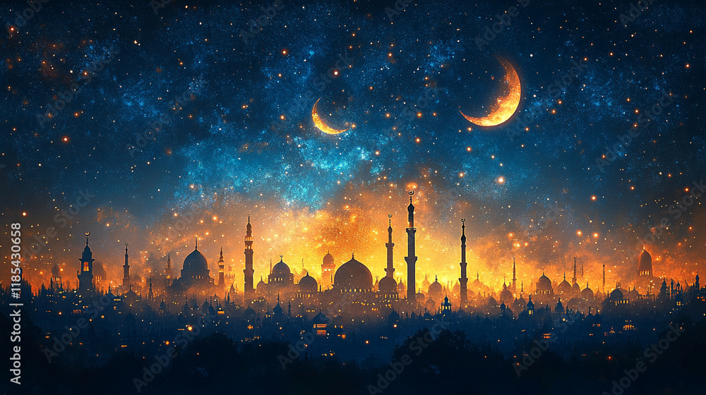 Fototapeta premium Ramadan night sky with crescent moons and illuminated city skyline
