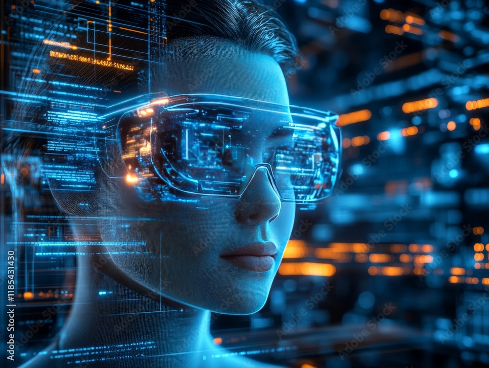 Futuristic woman wearing illuminated smart glasses in a neon lit urban environment, representing cutting edge technology and connected digital ecosystems Futuristic woman wearing illuminated smart glasses in a neon lit urban environment, representing cutting edge technology and connected digital ecosystems