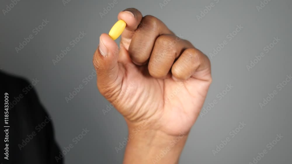 Close up of man hand holding capsule against orange background Close up of man hand holding capsule against orange background