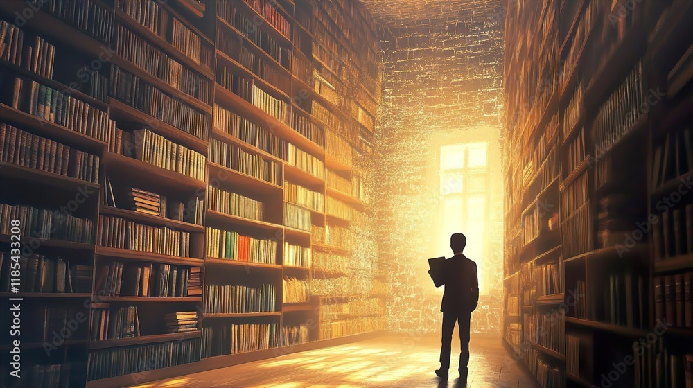 Person Exploring a Majestic Library Filled with Books Person Exploring a Majestic Library Filled with Books