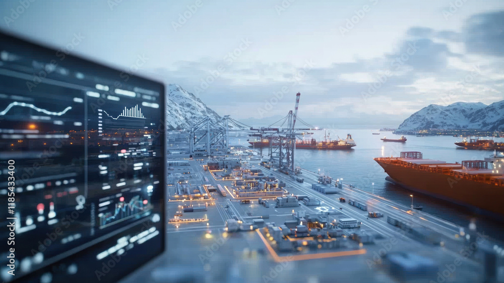 Obraz premium View of large port with connected global network, showcasing shipping containers, cranes, and vessels in scenic landscape