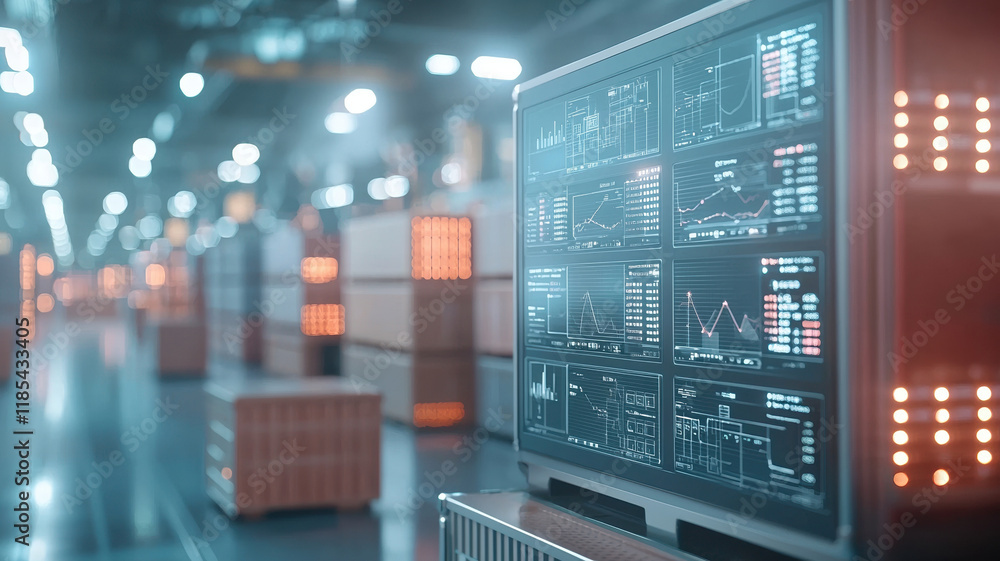 High tech display showing data analytics in modern warehouse environment, showcasing efficiency and connectivity High tech display showing data analytics in modern warehouse environment, showcasing efficiency and connectivity