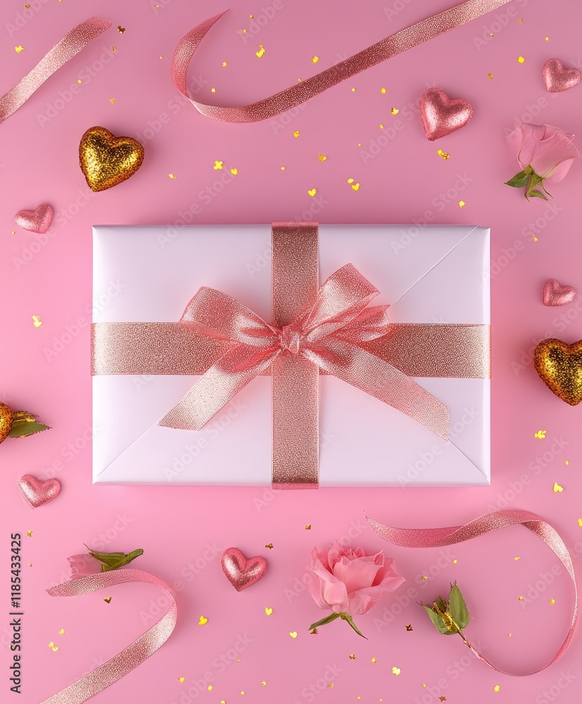A charming white gift box tied with a delicate pink ribbon, accompanied by a beautiful pink rose, perfect for expressing love on Valentine's Day. A charming white gift box tied with a delicate pink ribbon, accompanied by a beautiful pink rose, perfect for expressing love on Valentine's Day.