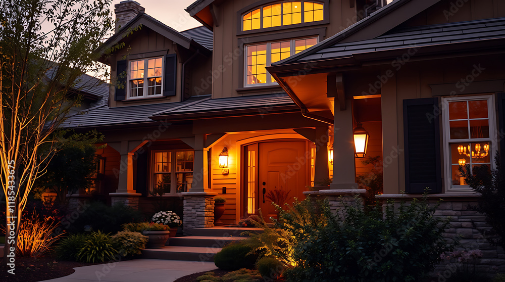 Fototapeta premium Illuminated Two-Story House at Dusk