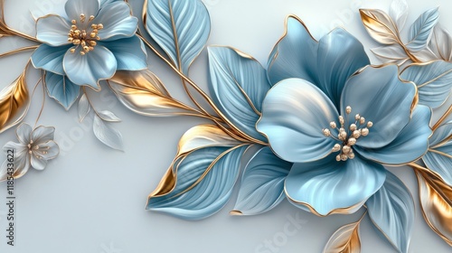 Blue gold floral 3D wall art, elegant design, home decor