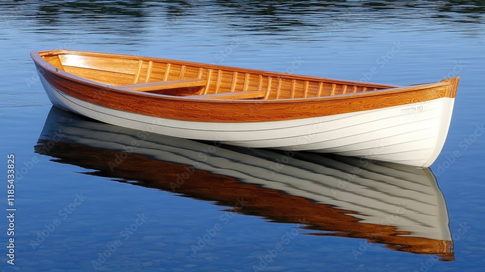 Naklejka premium A wooden rowboat floating peacefully in deep blue waters, with reflections below.