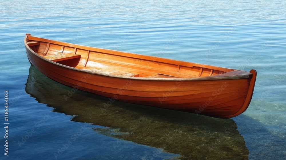 A single wooden boat floating serenely on the crystal-clear blue sea, reflecting the sunlight. A single wooden boat floating serenely on the crystal-clear blue sea, reflecting the sunlight.