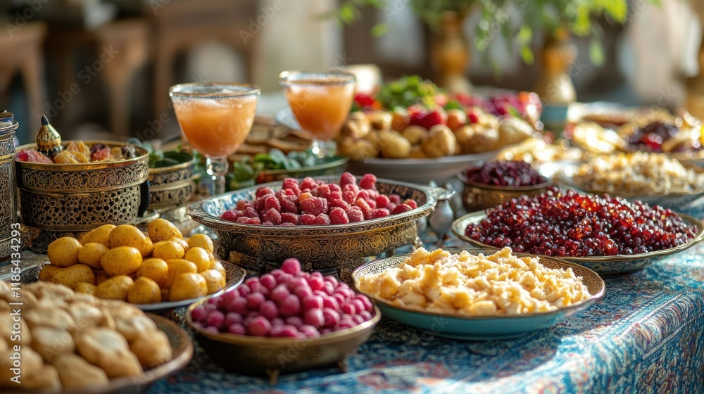 Abundant spread of colorful fruits, desserts, and drinks on a richly decorated table. Abundant spread of colorful fruits, desserts, and drinks on a richly decorated table.