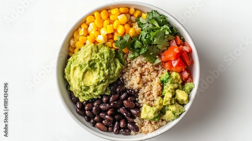 Mexican quinoa bowl with black beans, corn, and guacamole, arranged in a modern white dish, captured from an overhead shot, white background.