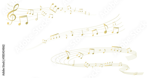 ゴールドの五線譜のフレームイラストセット　五線譜　背景イラスト　音符、休符、音楽記号のイラスト