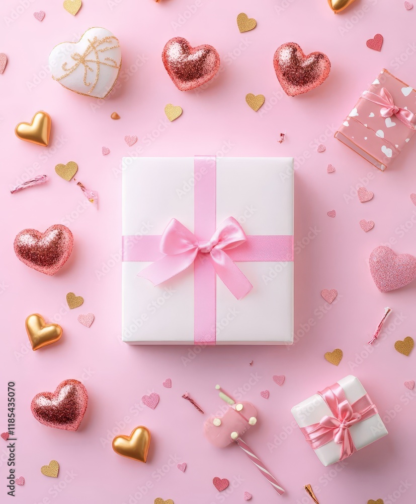 A beautifully wrapped gift box adorned with a pink ribbon and bow sits amidst charming hearts, radiating love and joy for Valentine's Day. A beautifully wrapped gift box adorned with a pink ribbon and bow sits amidst charming hearts, radiating love and joy for Valentine's Day.