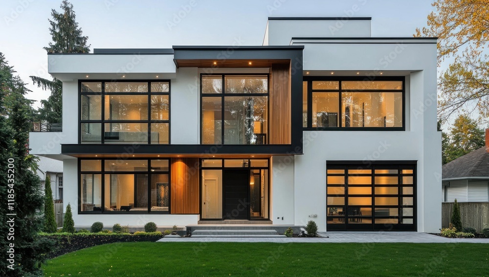 Modern two-story house with large windows, wood accents, and a flat roof. Modern two-story house with large windows, wood accents, and a flat roof.