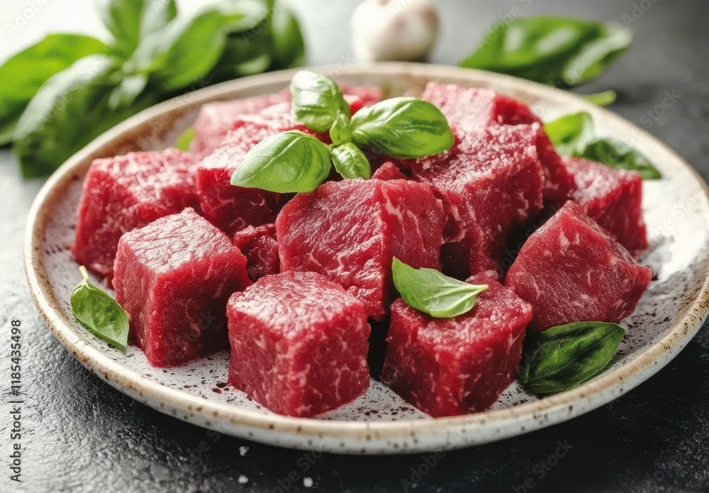 Fresh Cubes of Raw Beef Surrounded by Bright Green Basil Leaves on a Textured Plate Ready for Cooking Delicious Meals in a Modern Kitchen Setting Fresh Cubes of Raw Beef Surrounded by Bright Green Basil Leaves on a Textured Plate Ready for Cooking Delicious Meals in a Modern Kitchen Setting