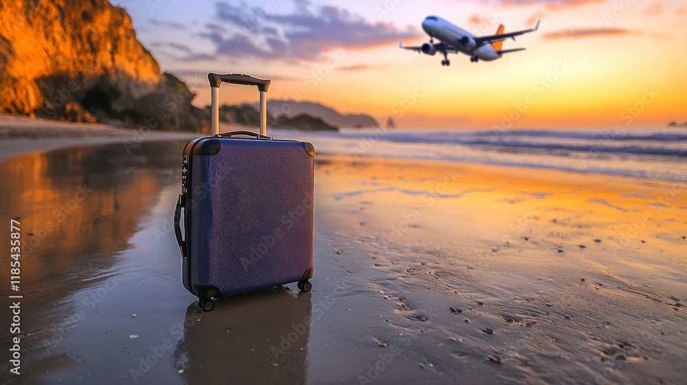 Sunset Beach Vacation Suitcase Airplane Travel Sunset Beach Vacation Suitcase Airplane Travel