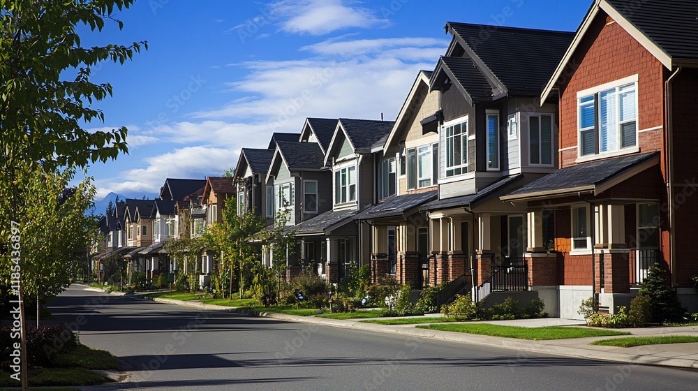 A residential street lined with charming homes. A residential street lined with charming homes.
